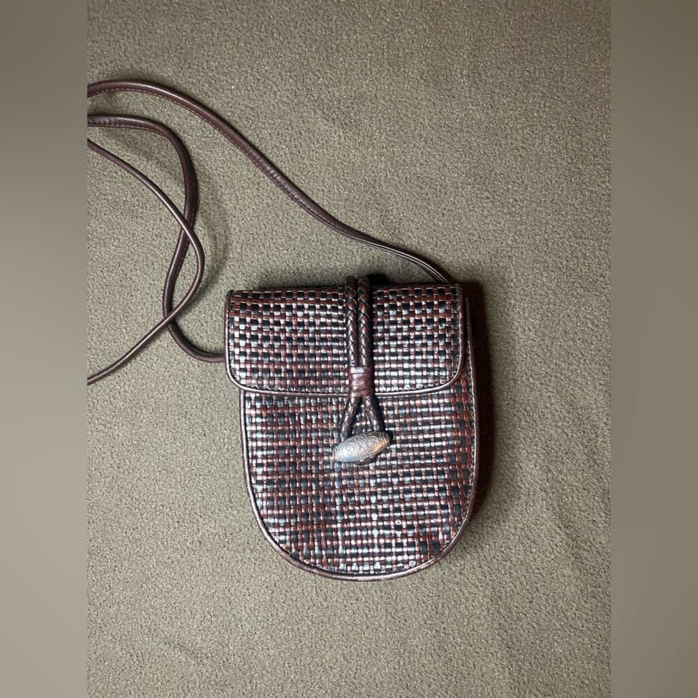 One World by Brighton Brown Woven Leather Crossbody Bag Rope Toggle